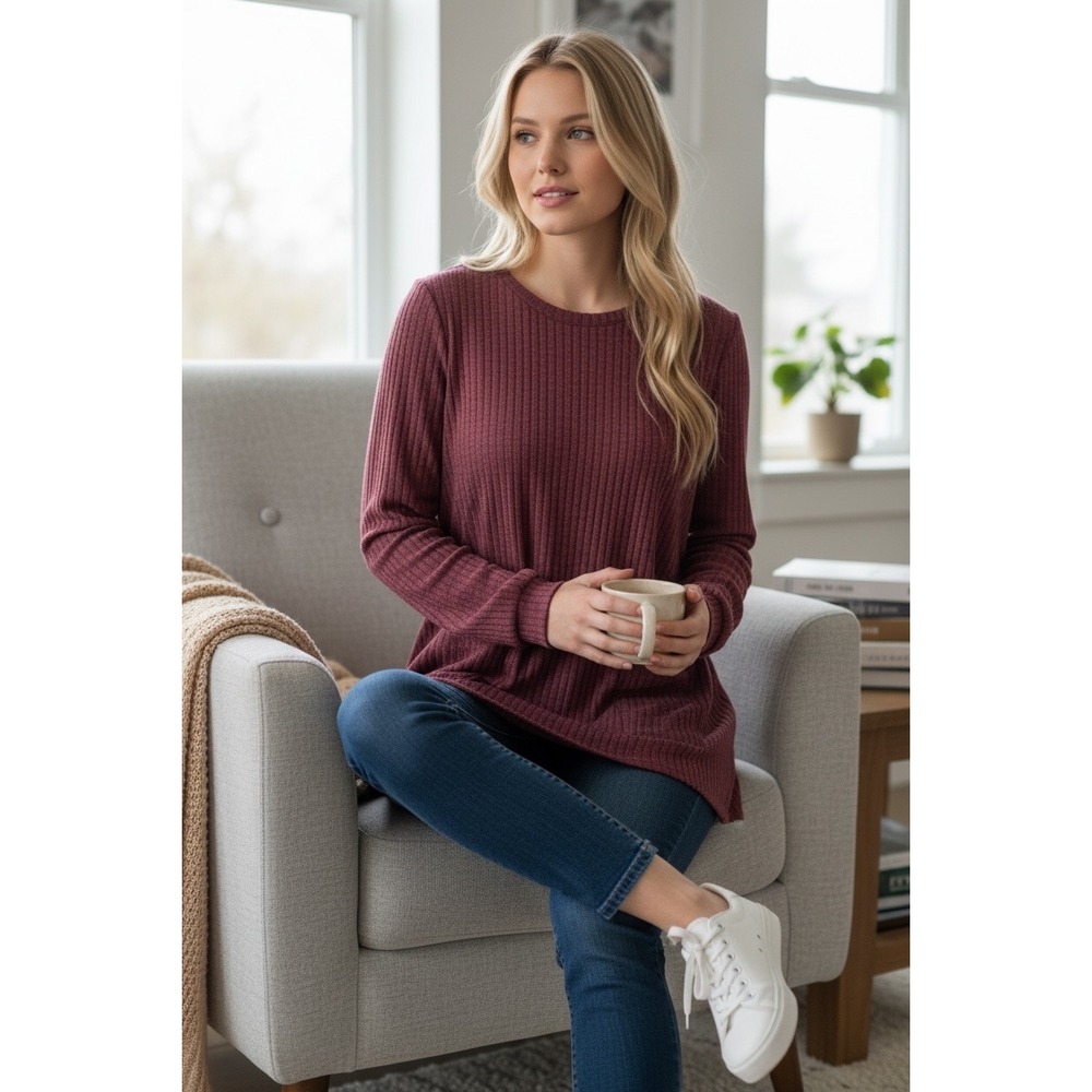 OFEEFAN Womens Ribbed Knit Long Sleeve Tunic Crew Neck with Pockets Burgundy XL